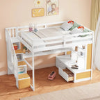 Cama alta de tamaño completo con escritorio y estantes, dos cajones incorporados, escalera de almacenamiento
