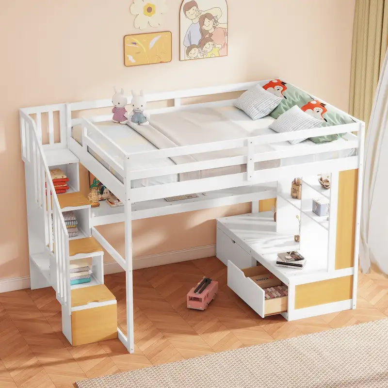 Cama alta de tamaño completo con escritorio y estantes, dos cajones incorporados, escalera de almacenamiento