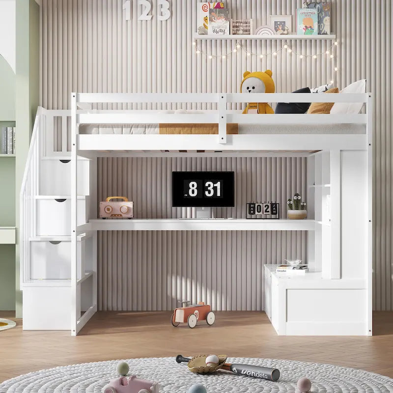 Cama alta de tamaño completo con escritorio y estantes, dos cajones incorporados, escalera de almacenamiento