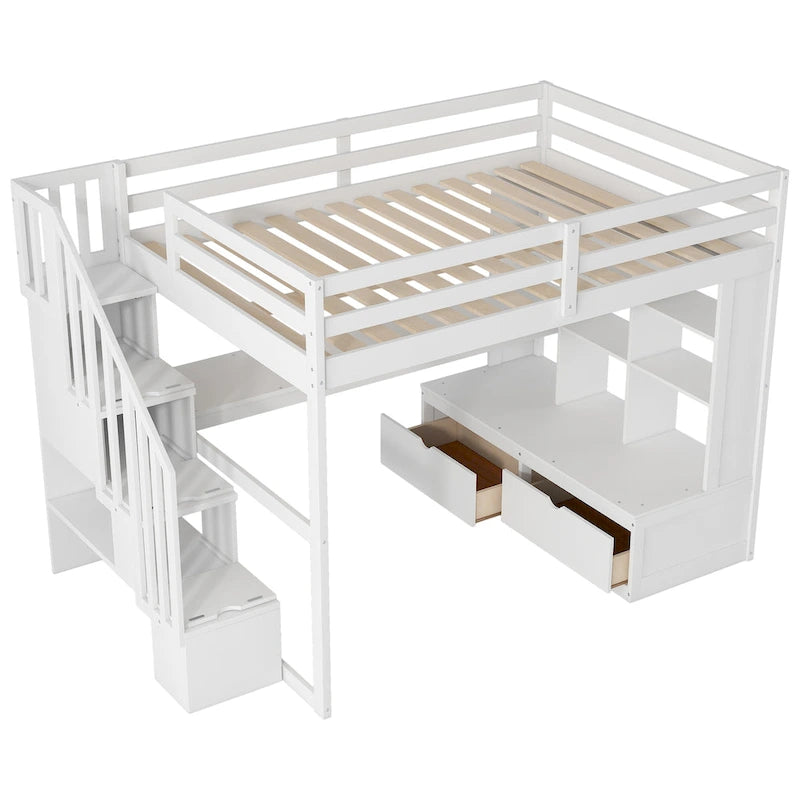 Cama alta de tamaño completo con escritorio y estantes, dos cajones incorporados, escalera de almacenamiento