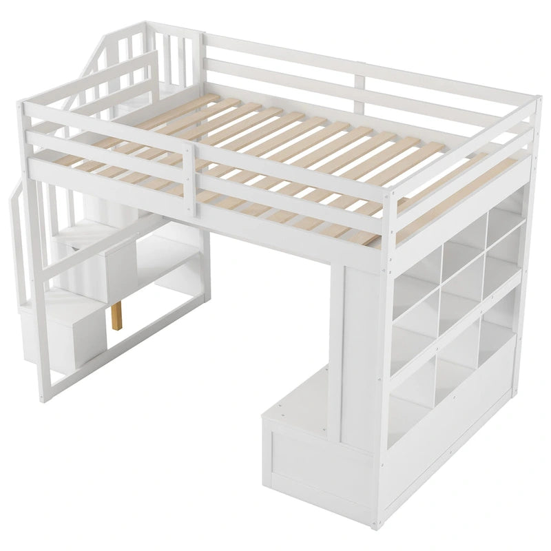 Cama alta de tamaño completo con escritorio y estantes, dos cajones incorporados, escalera de almacenamiento