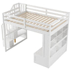 Cama alta de tamaño completo con escritorio y estantes, dos cajones incorporados, escalera de almacenamiento