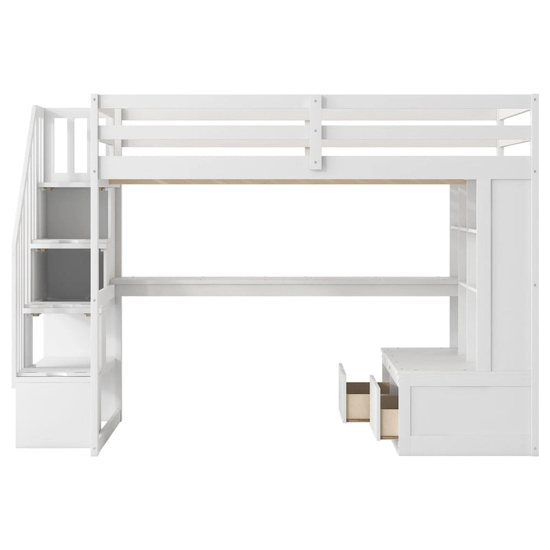 Cama alta de tamaño completo con escritorio y estantes, dos cajones incorporados, escalera de almacenamiento