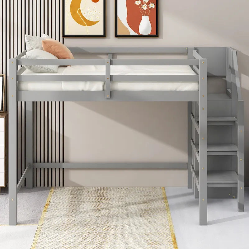 Cama alta de tamaño completo con armario de almacenamiento y escalera integrados