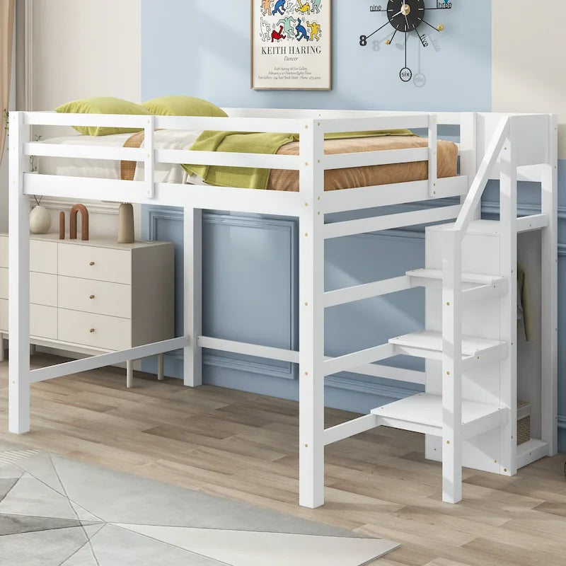 Cama alta de tamaño completo con armario de almacenamiento y escalera integrados
