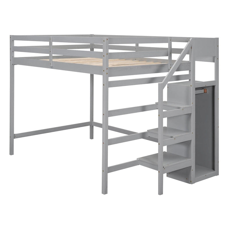 Cama alta de tamaño completo con armario de almacenamiento y escalera integrados