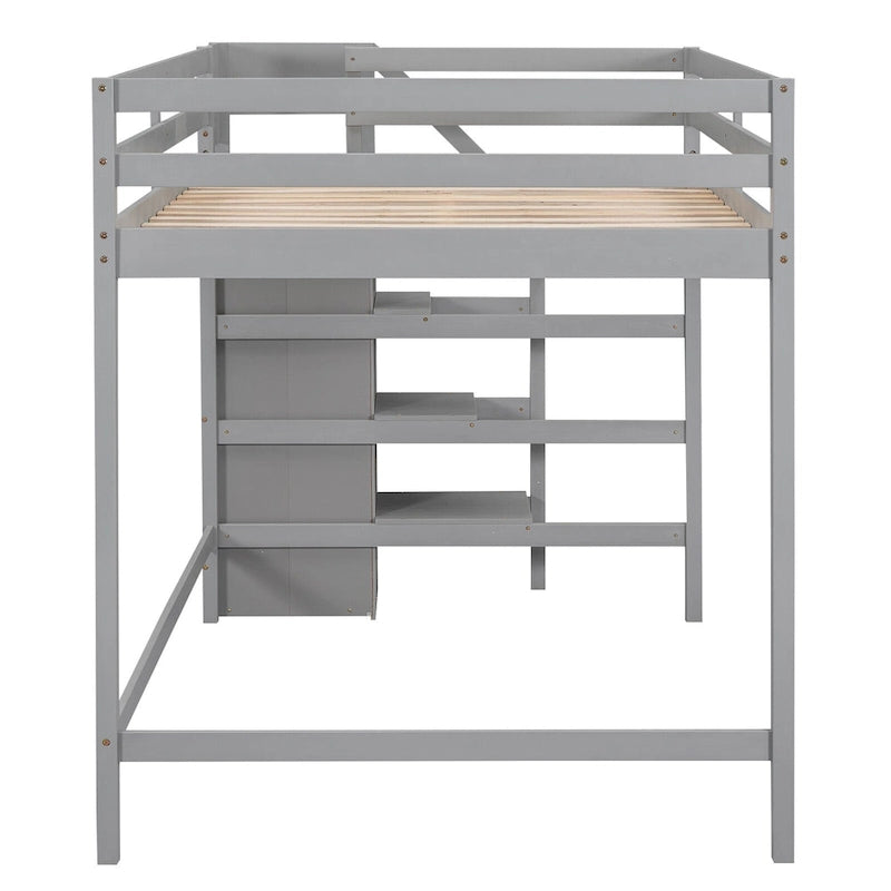 Cama alta de tamaño completo con armario de almacenamiento y escalera integrados