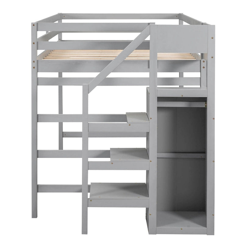 Cama alta de tamaño completo con armario de almacenamiento y escalera integrados