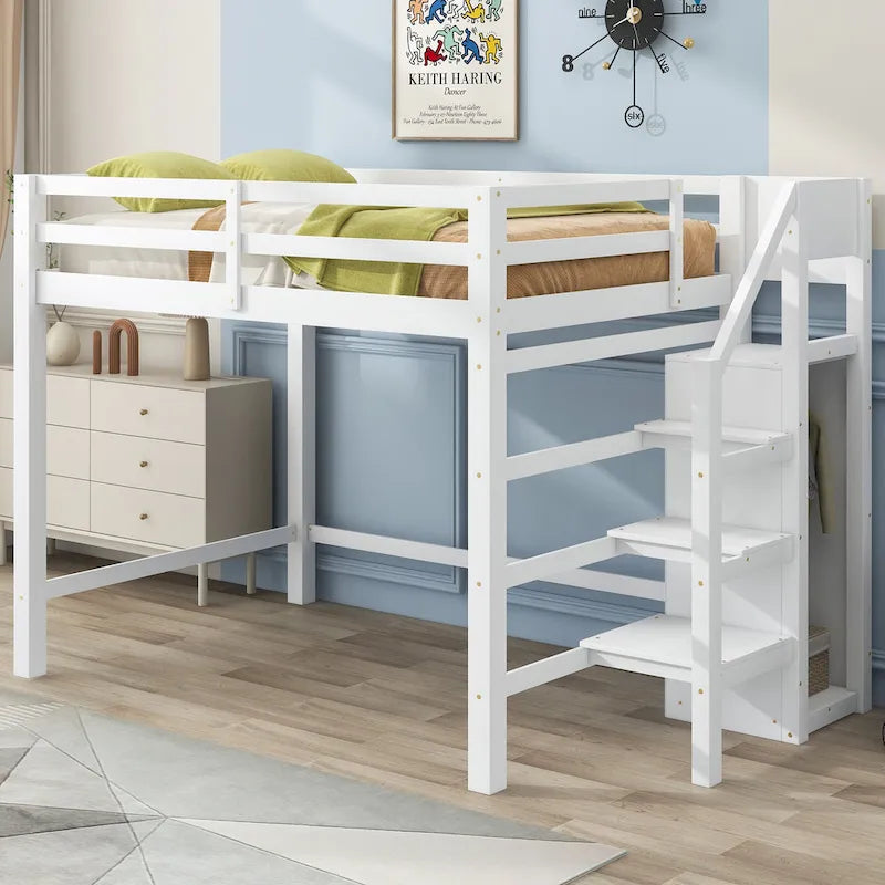 Cama alta de tamaño completo con armario de almacenamiento y escalera integrados