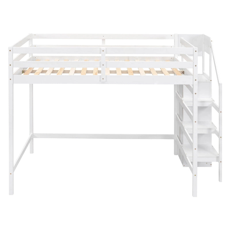 Cama alta de tamaño completo con armario de almacenamiento y escalera integrados