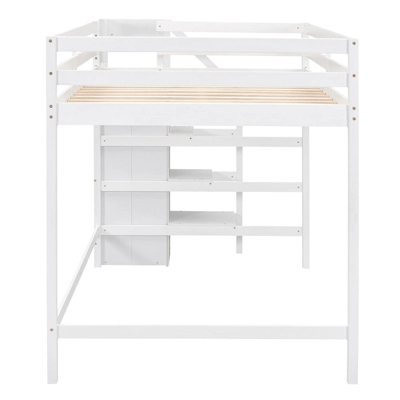 Cama alta de tamaño completo con armario de almacenamiento y escalera integrados