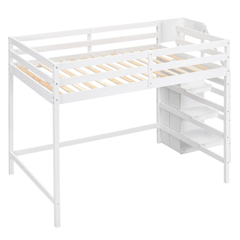 Cama alta de tamaño completo con armario de almacenamiento y escalera integrados
