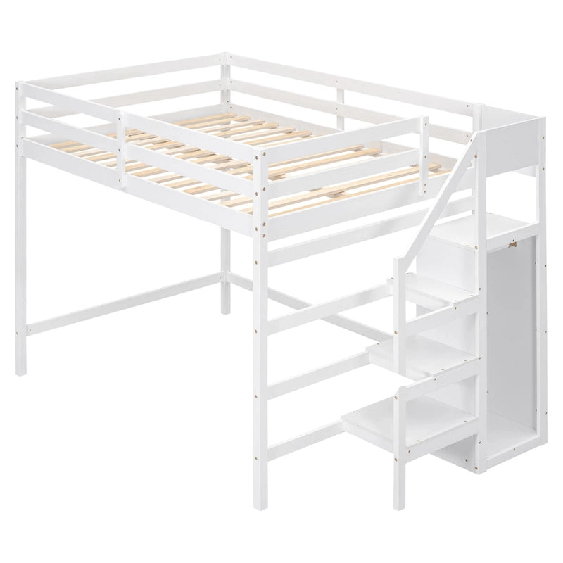 Cama alta de tamaño completo con armario de almacenamiento y escalera integrados