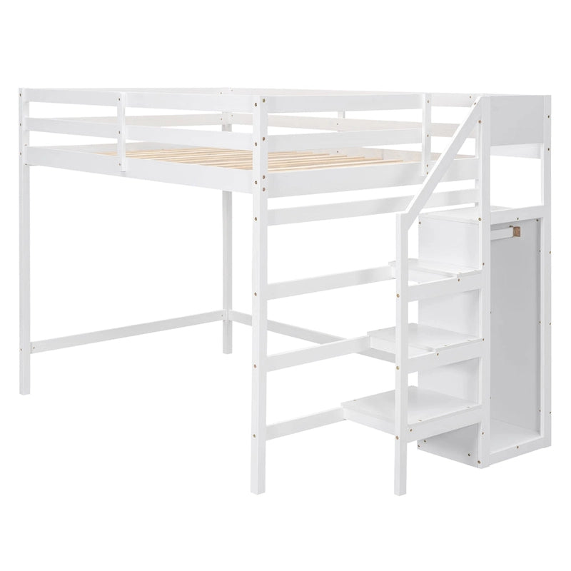 Cama alta de tamaño completo con armario de almacenamiento y escalera integrados