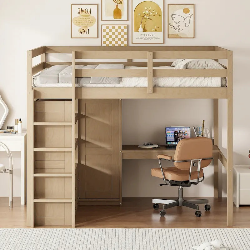 Cama alta de madera de tamaño matrimonial con armario, escritorio, estantes y cajones incorporados