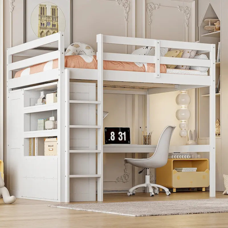 Cama alta de madera de tamaño matrimonial con armario, escritorio, estantes y cajones incorporados