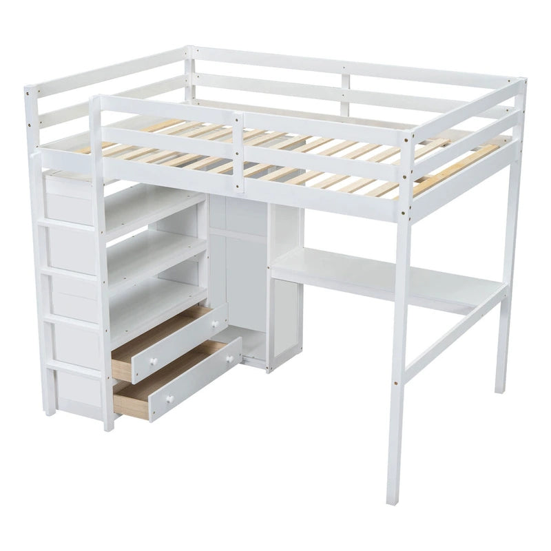 Cama alta de madera de tamaño matrimonial con armario, escritorio, estantes y cajones incorporados