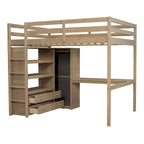 Cama alta de madera de tamaño matrimonial con armario, escritorio, estantes y cajones incorporados