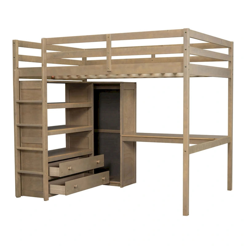 Cama alta de madera de tamaño matrimonial con armario, escritorio, estantes y cajones incorporados