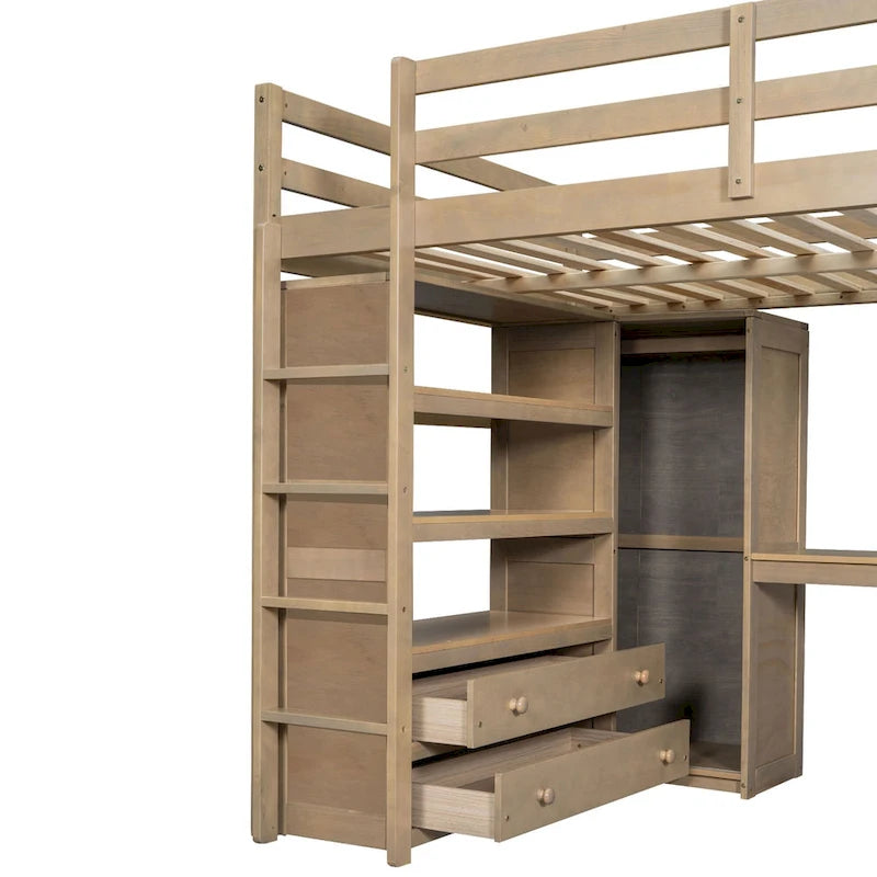Cama alta de madera de tamaño matrimonial con armario, escritorio, estantes y cajones incorporados