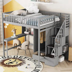 Cama alta de tamaño completo con estantería, cajones, escritorio y armario