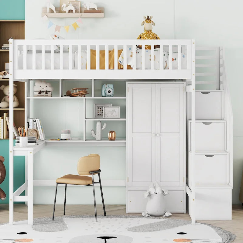 Cama alta de tamaño completo con estantería, cajones, escritorio y armario