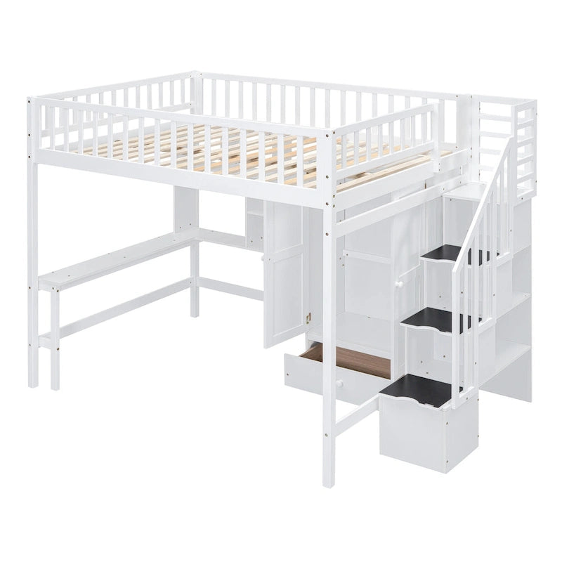 Cama alta de tamaño completo con estantería, cajones, escritorio y armario