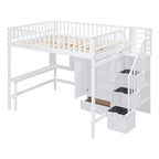 Cama alta de tamaño completo con estantería, cajones, escritorio y armario