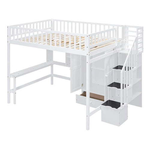 Cama alta de tamaño completo con estantería, cajones, escritorio y armario