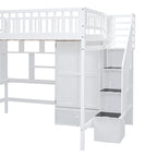 Cama alta de tamaño completo con estantería, cajones, escritorio y armario
