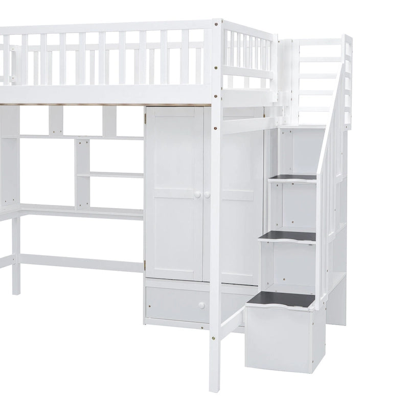 Cama alta de tamaño completo con estantería, cajones, escritorio y armario