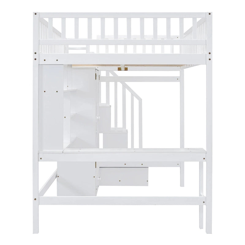 Cama alta de tamaño completo con estantería, cajones, escritorio y armario
