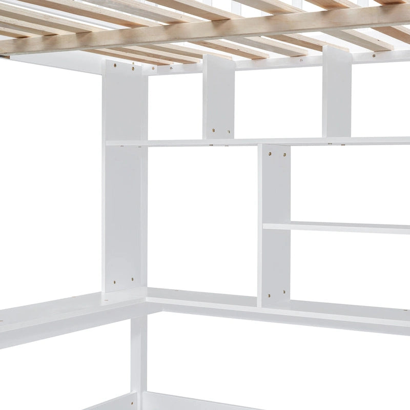 Cama alta de tamaño completo con estantería, cajones, escritorio y armario