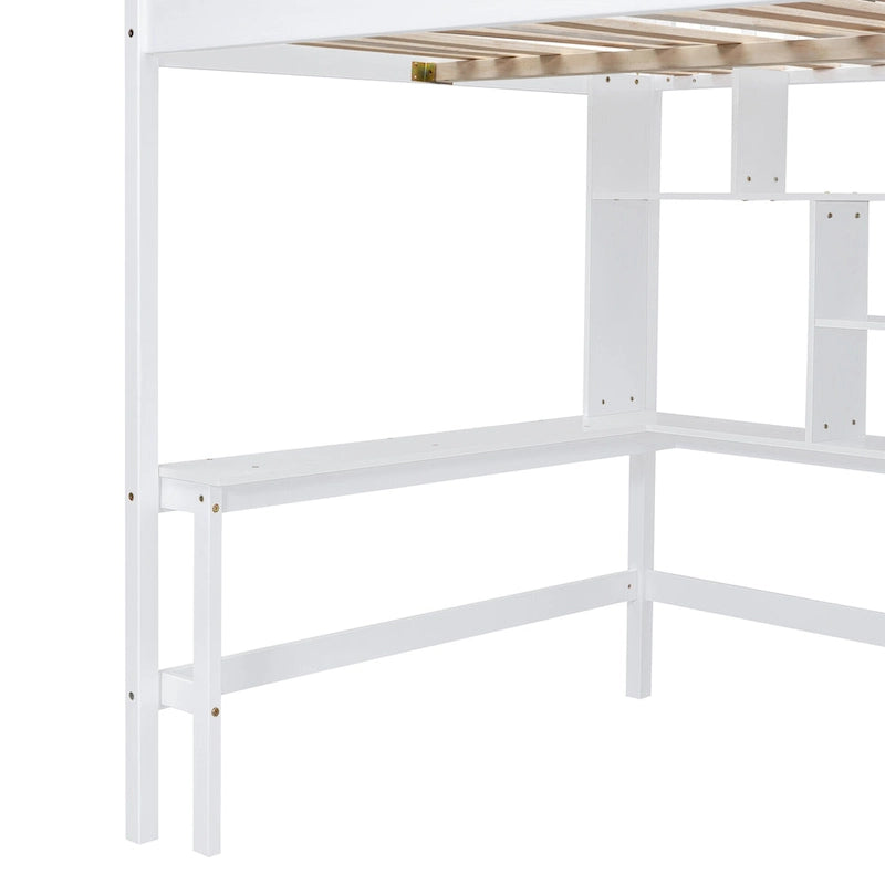 Cama alta de tamaño completo con estantería, cajones, escritorio y armario