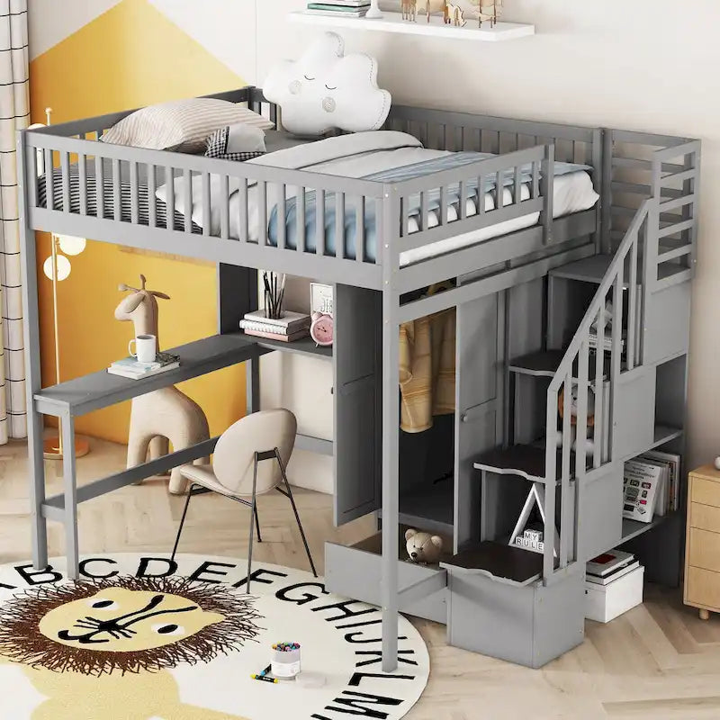 Cama alta de tamaño completo con estantería, cajones, escritorio y armario