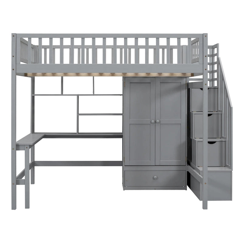 Cama alta de tamaño completo con estantería, cajones, escritorio y armario