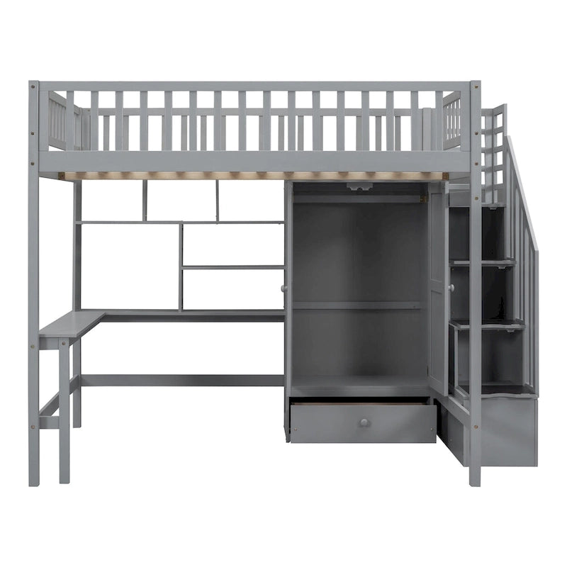 Cama alta de tamaño completo con estantería, cajones, escritorio y armario
