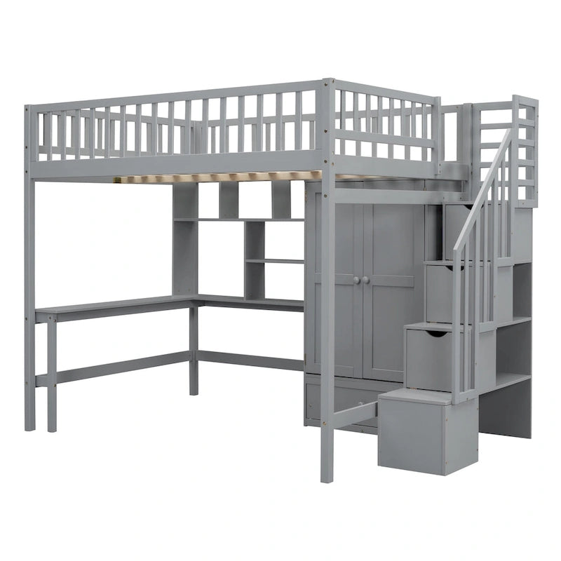 Cama alta de tamaño completo con estantería, cajones, escritorio y armario