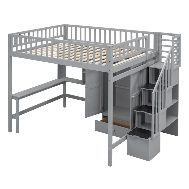 Cama alta de tamaño completo con estantería, cajones, escritorio y armario