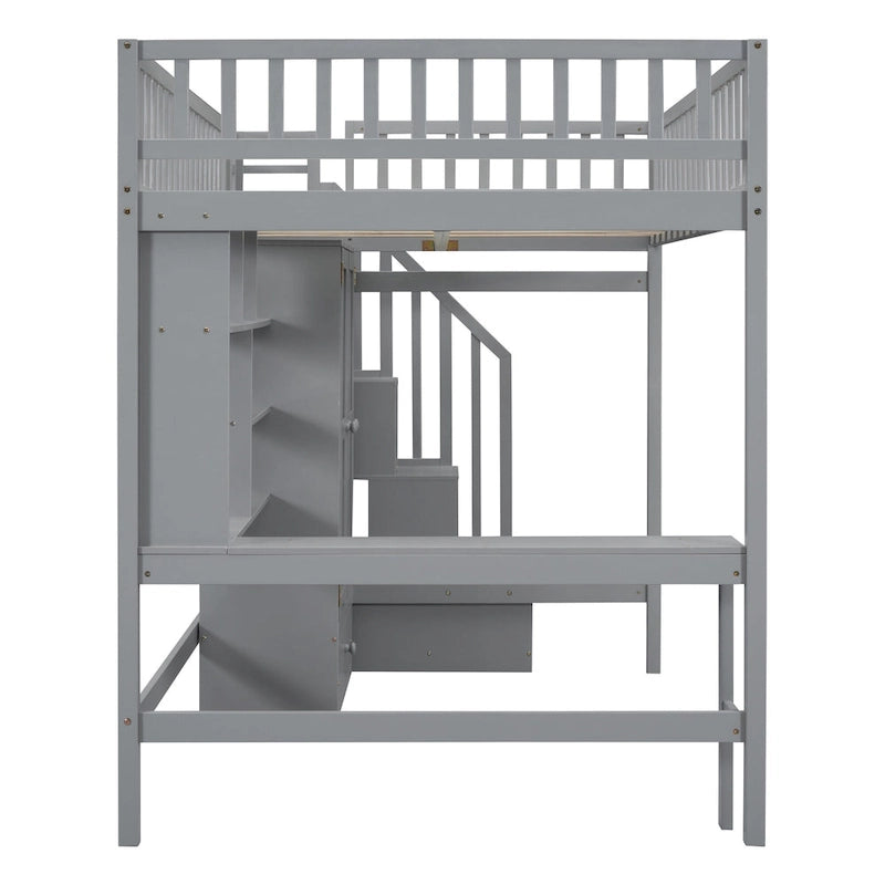 Cama alta de tamaño completo con estantería, cajones, escritorio y armario