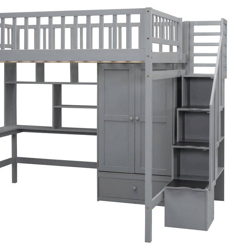 Cama alta de tamaño completo con estantería, cajones, escritorio y armario