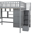 Cama alta de tamaño completo con estantería, cajones, escritorio y armario