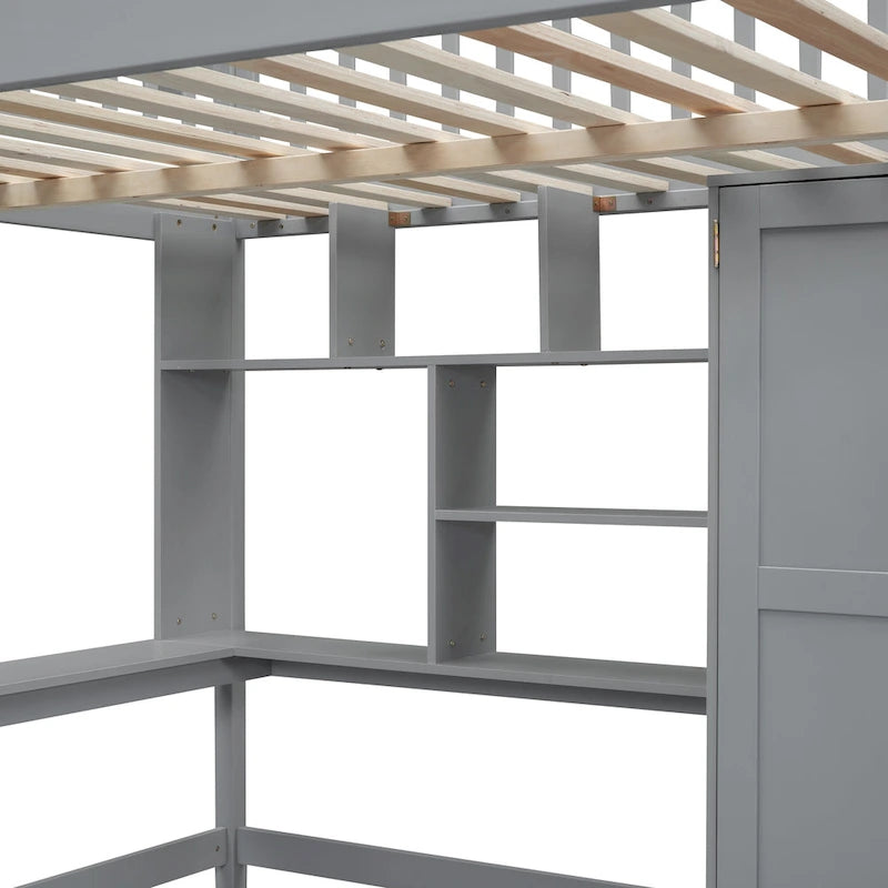 Cama alta de tamaño completo con estantería, cajones, escritorio y armario