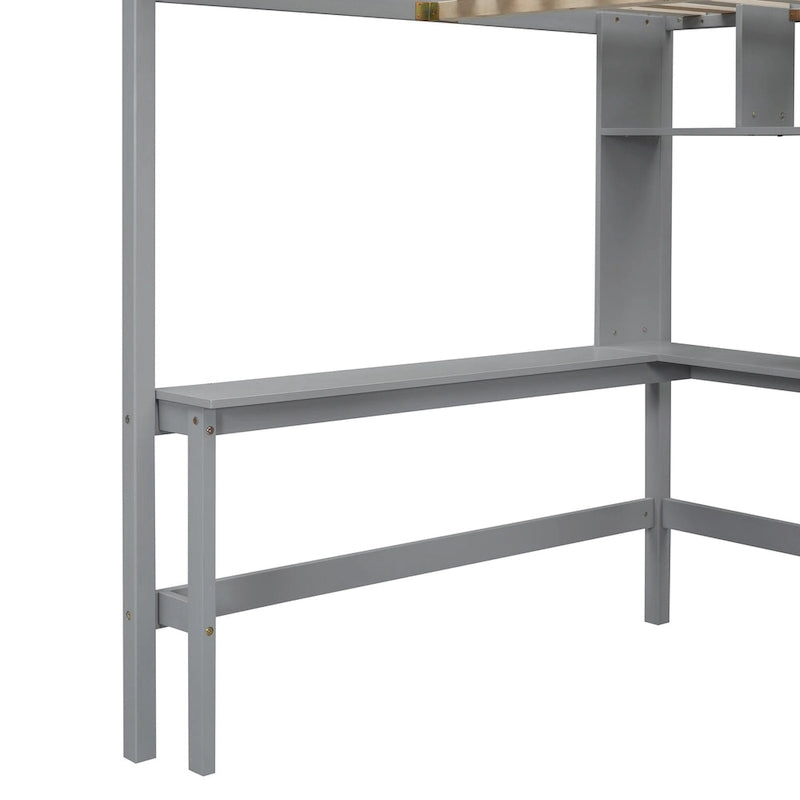 Cama alta de tamaño completo con estantería, cajones, escritorio y armario