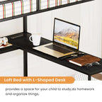 Cama alta de metal de tamaño completo con escritorio en forma de L, luces LED y base de carga