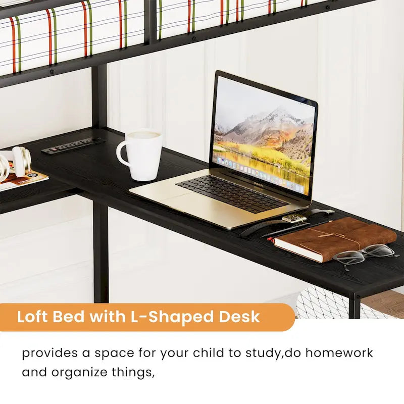 Cama alta de metal de tamaño completo con escritorio en forma de L, luces LED y base de carga