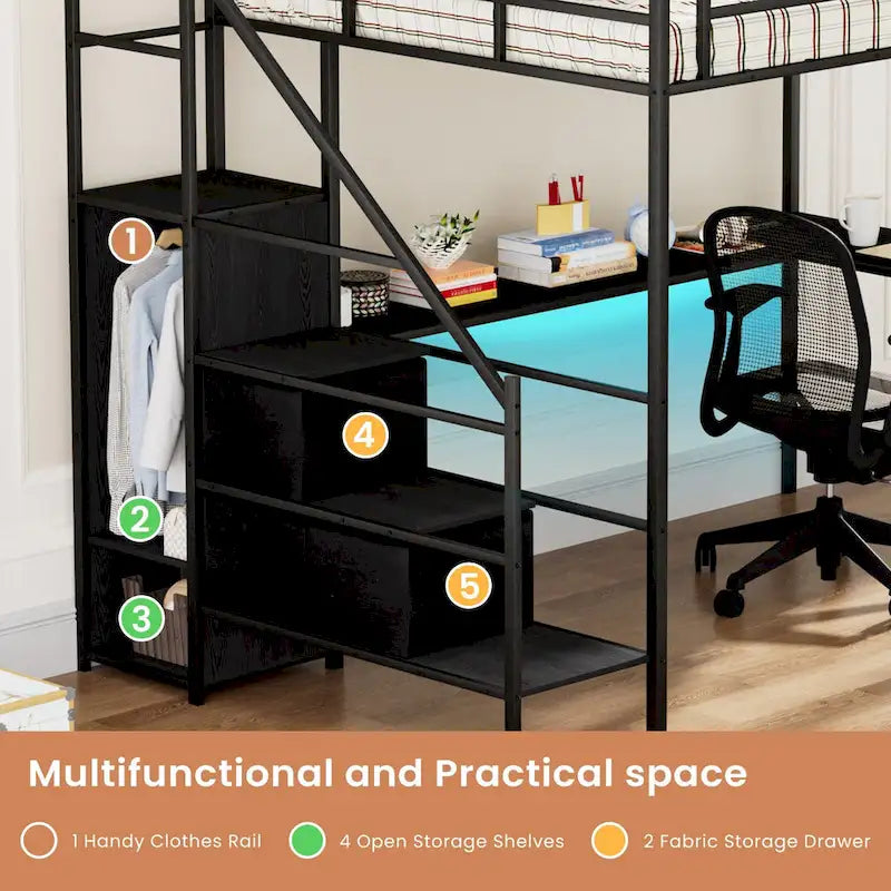 Cama alta de metal de tamaño completo con escritorio en forma de L, luces LED y base de carga