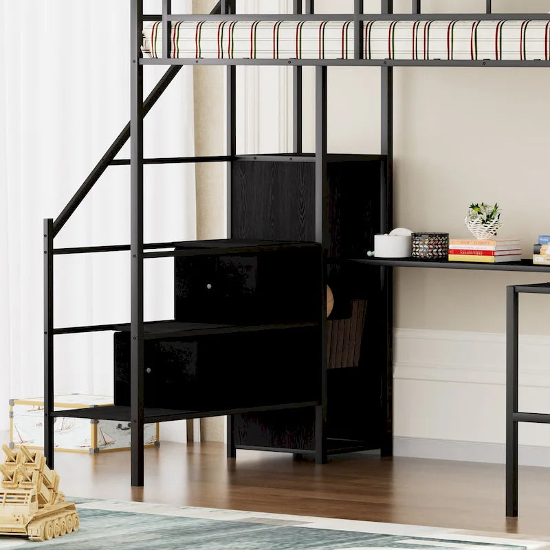 Cama alta de metal de tamaño completo con escritorio en forma de L, luces LED y base de carga