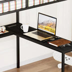 Cama alta de metal de tamaño completo con escritorio en forma de L, luces LED y base de carga