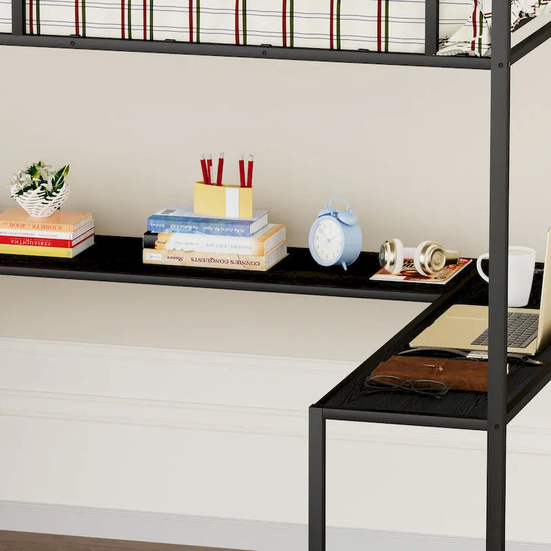 Cama alta de metal de tamaño completo con escritorio en forma de L, luces LED y base de carga